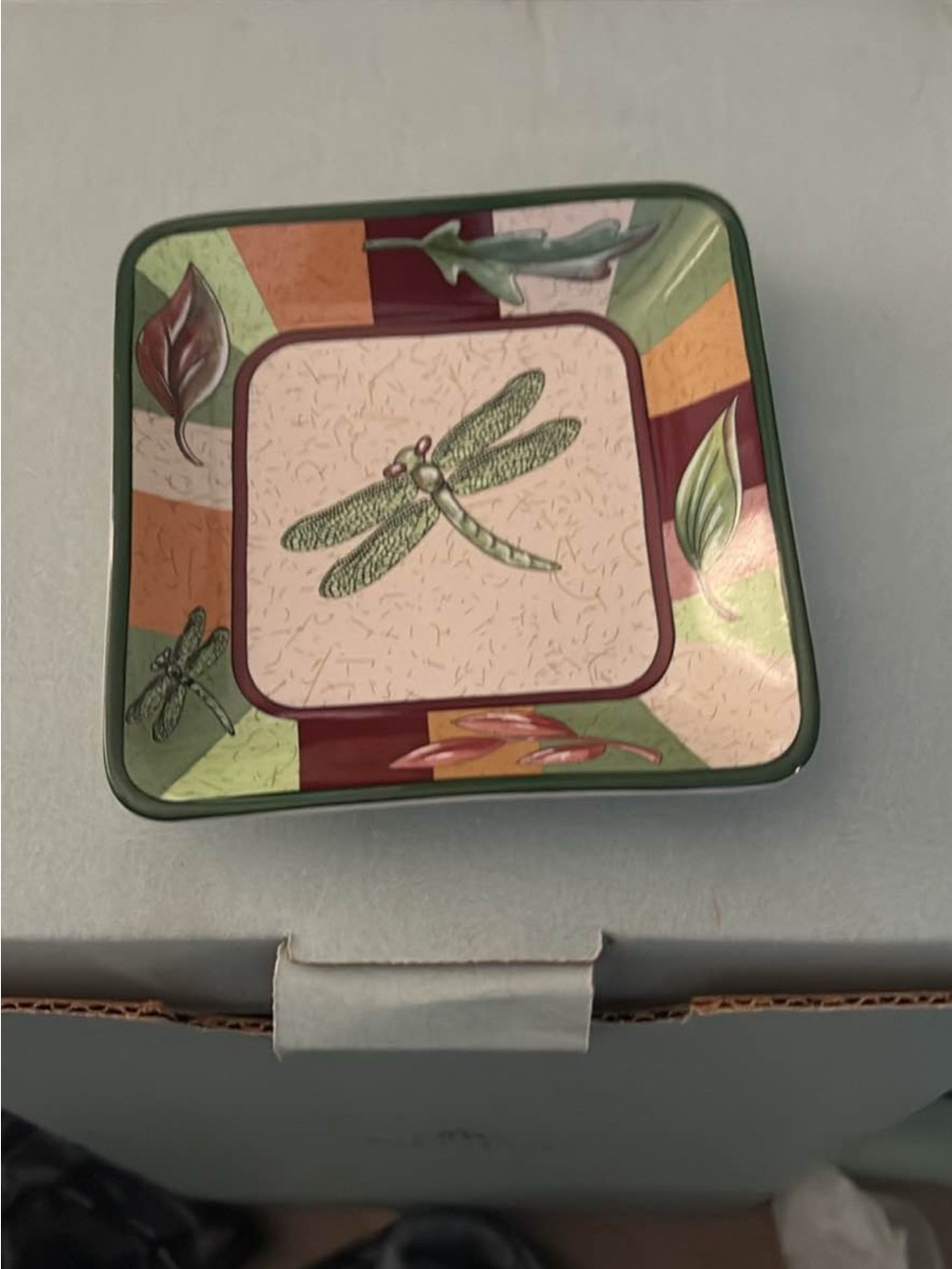 PartyLite Green, Burgundy and Tan Dragonfly Square Plate